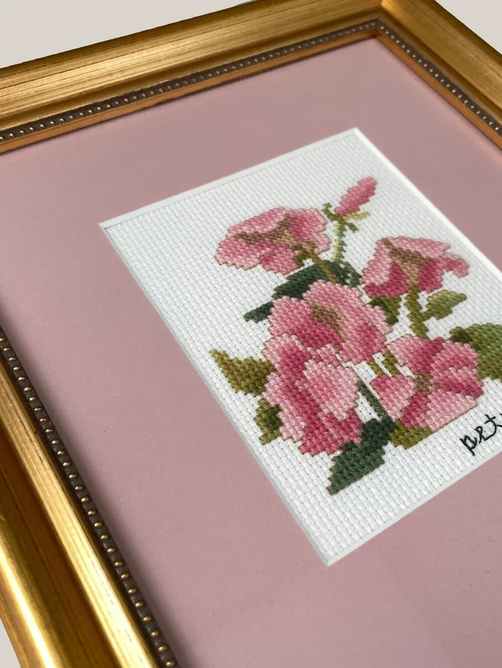 Vintage Gold Framed Floral Cross Stitch Wall Art | Petunia & Pink Lady Slipper